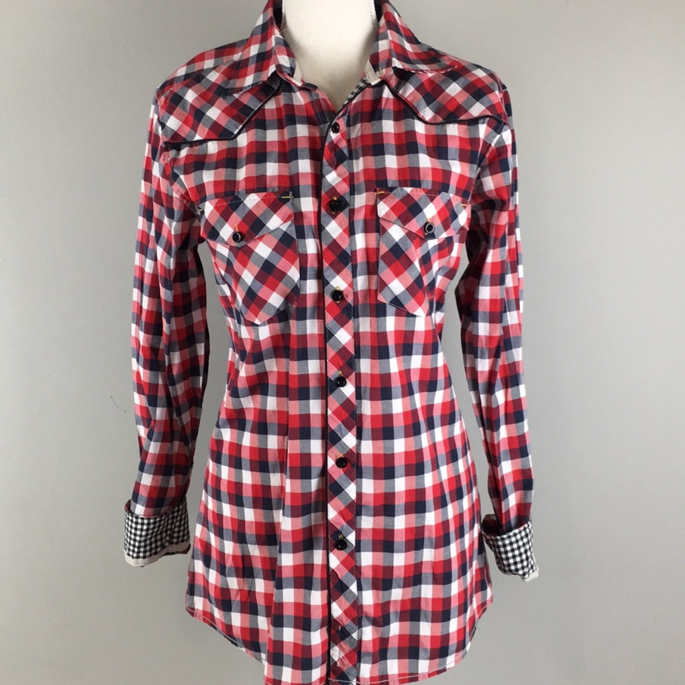 Sovereign Code Red Navy Plaid Button Down Top - image 1